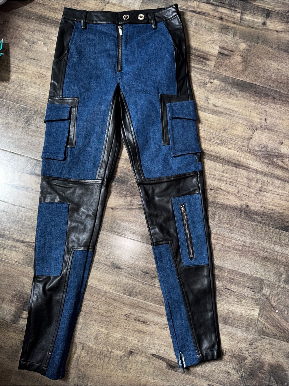 Maniere De Voir Denim Leather Biker Cargo Pants Sz 2 UK 6 Moto Patchwork - Picture 10 of 14